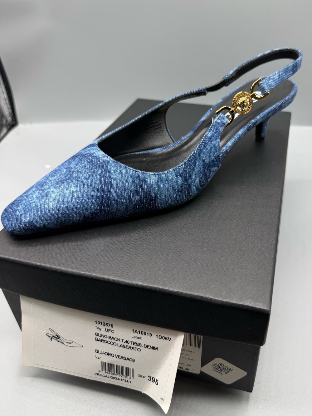 Versace Blue Denim Pointed Slingback Kitten Heel with Gold Medallion